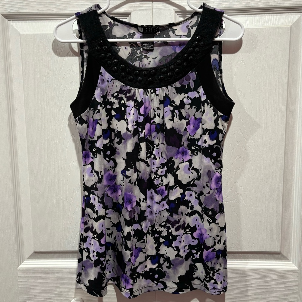 CAROLE LITTLE Women’s Floral Rhinestone Blouse Top Shirt - black/purple, size S